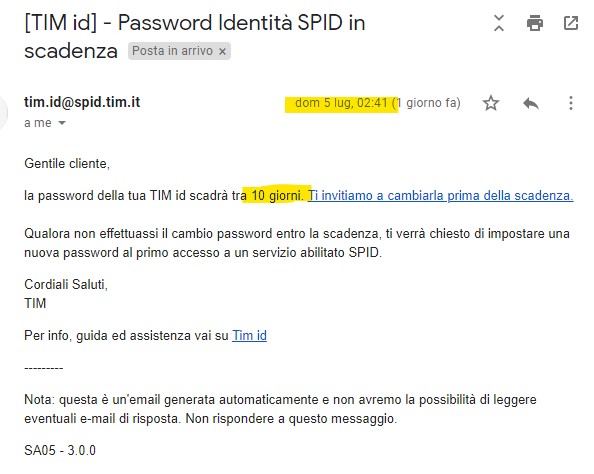 Spid Tim scadenza password farlocca