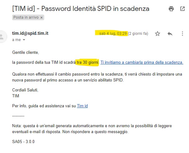 Spid Tim scadenza password farlocca