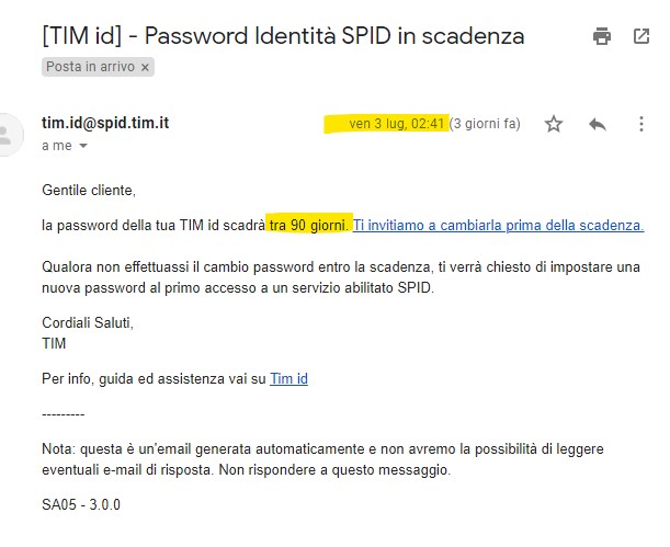 Spid Tim scadenza password farlocca